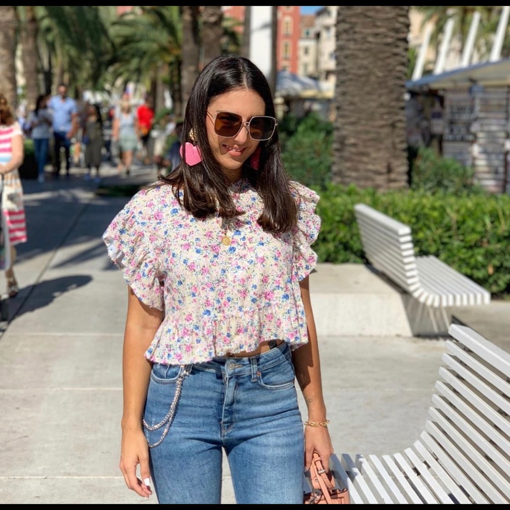 Zara Pink Blue Floral Sequin Babydoll Top - XS/S